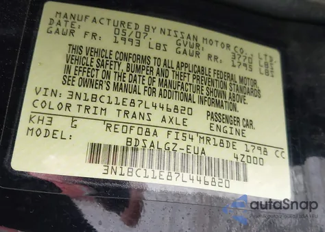 2007 Nissan Versa 1.8Sl from USA, damaged, VIN 3N1BC11E87L446820